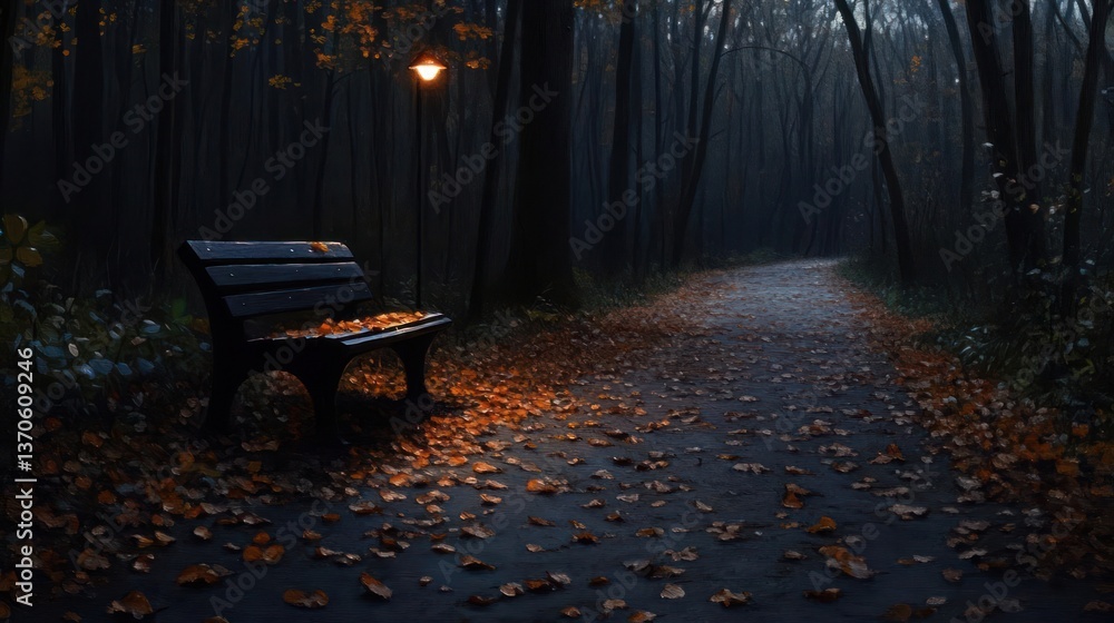 Poster a dark and moody forest scene features a path and bench illuminated by a single light with fallen le
