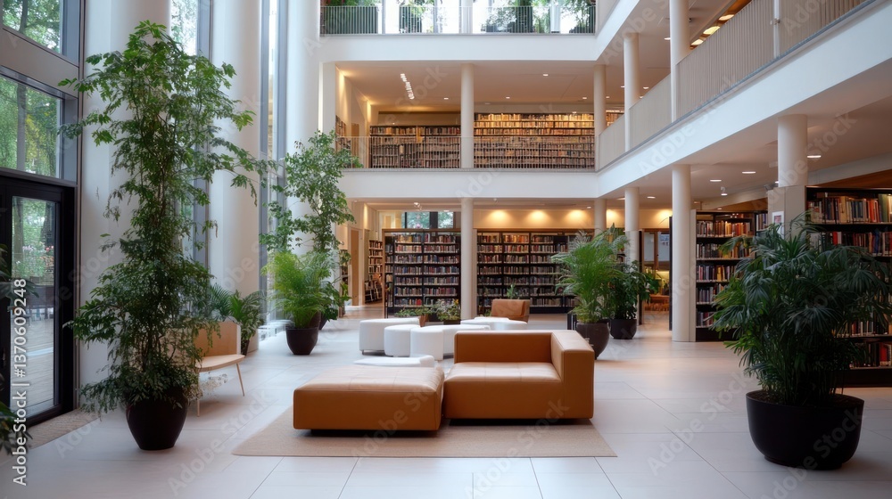 Poster Bright interior library with multilevel design tall windows lush greenery and beige seating areas creating a serene inviting atmosphere