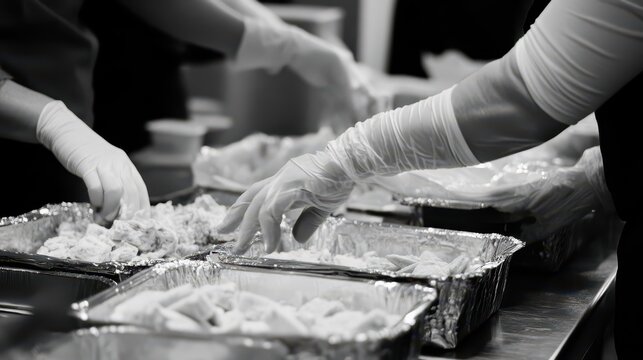 People in gloves preparing food in various metallic containers