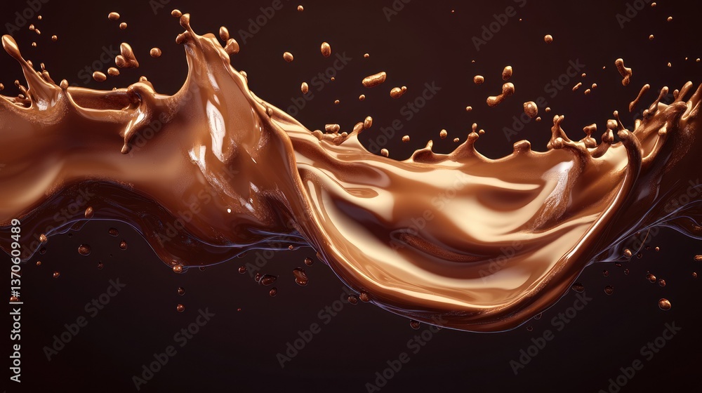 Poster chocolate liquid splashing in a dynamic motion on dark background