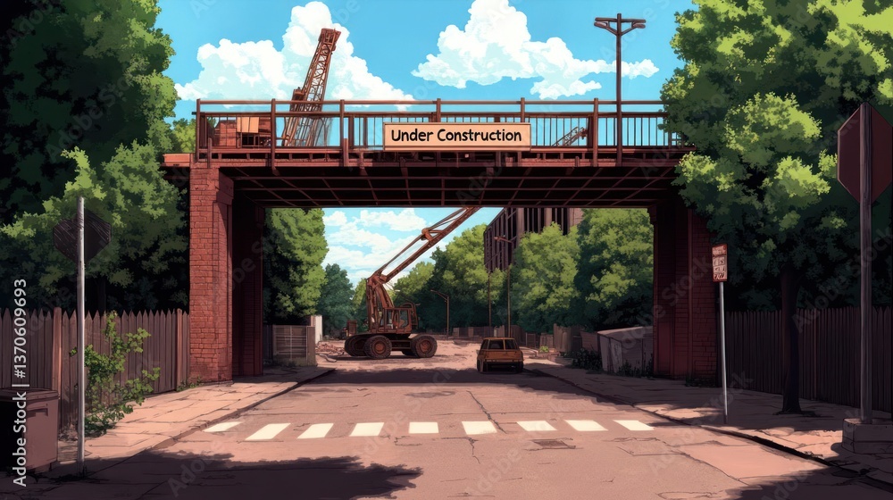 Aufkleber pixelated illustration of a construction site scene featuring overhead bridge two cranes and two exc