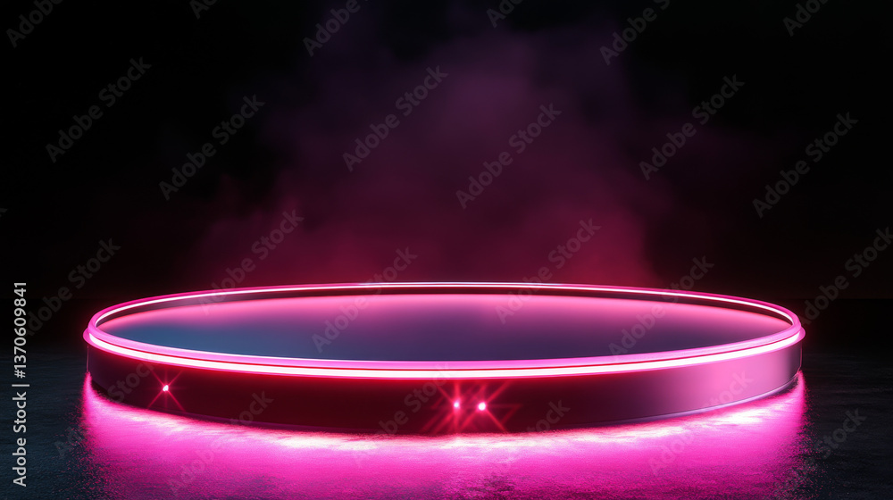 Poster 3d tech hologram podium or light portal platform. pink neon game stage. hud futuristic teleport with