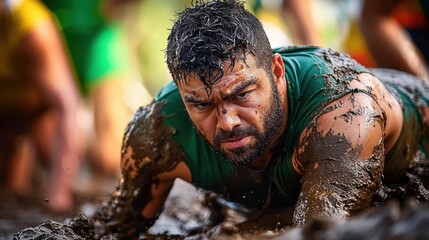 Obraz premium Action, energy, and determination define this athlete captured in the heat of competition, battling through a muddy obstacle course witness the grit and perseverance etched across his face as he