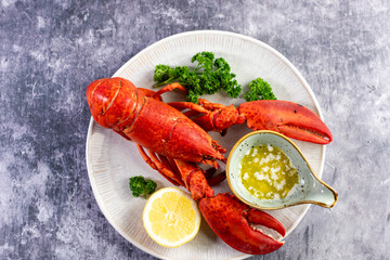 Close up of fresh steamed lobster with herbs