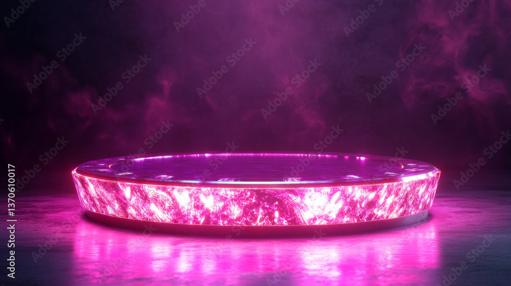 Poster 3d tech hologram podium or light portal platform. pink neon game stage. hud futuristic teleport with