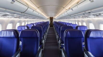 Rows of blue airplane seats inside a well-lit, empty cabin, offering a sense of order and anticipation of travel adventures.