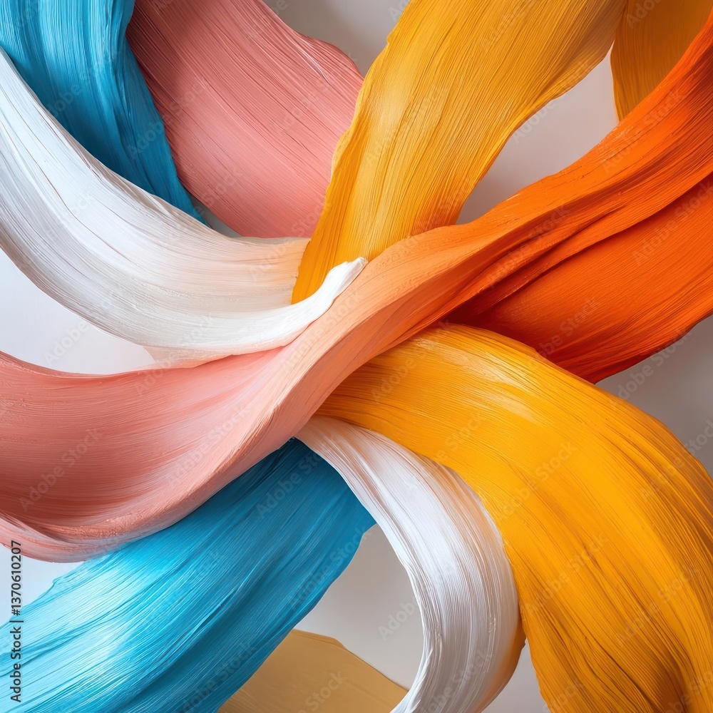 Poster Abstract artwork featuring interwoven ribbons of multiple colors including blue pink orange and yellow on a white background creating a dynamic pattern