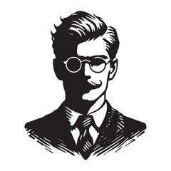 Vintage gentleman silhouette portrait with mustache and glasses illustration