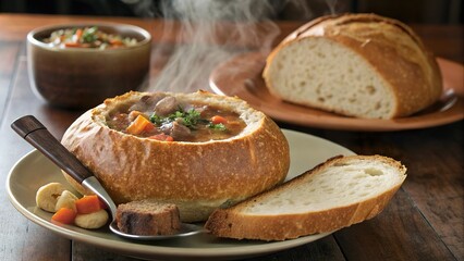Warm bigus served in a rustic bread bowl with hearty ingredients and fresh bread on a cozy wooden table