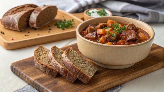 Delicious bigus stew and rye bread served elegantly in a rustic ceramic bowl for a comforting meal