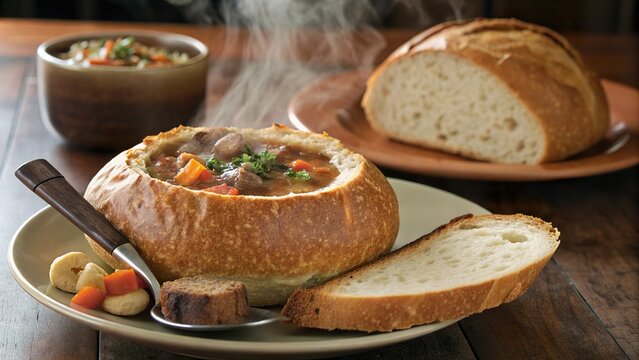 Warm bigus served in a rustic bread bowl with hearty ingredients and fresh bread on a cozy wooden table
