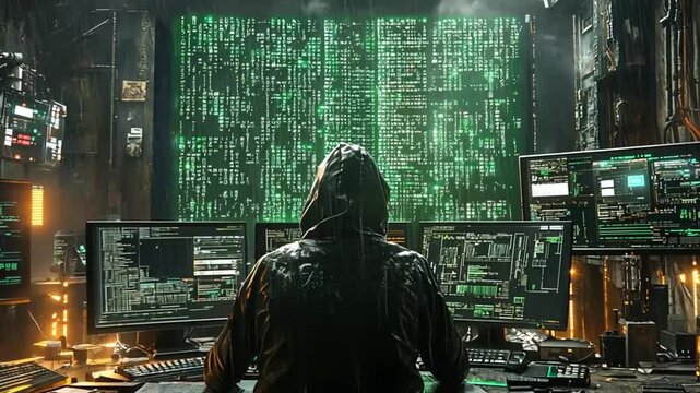 Hacker in dark room, digital screens displaying code.  Possible stock photo use