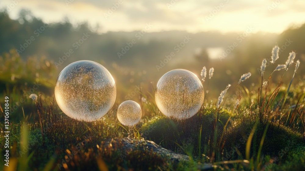 Poster three transparent orbs are resting on a field of grass