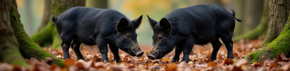 Dark-haired Iberian pigs feeding on acorns amongst gnarled oak branches , forest, wild boar