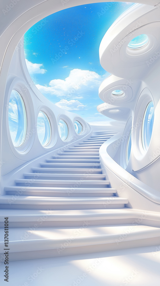 Poster a serene staircase winds upward in a sleek, modern environment. circular windows allow sunlight to s