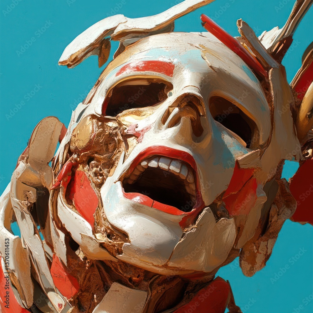 Poster fractured mask sculpture with open mouth showing teeth and red accents against a teal background emp