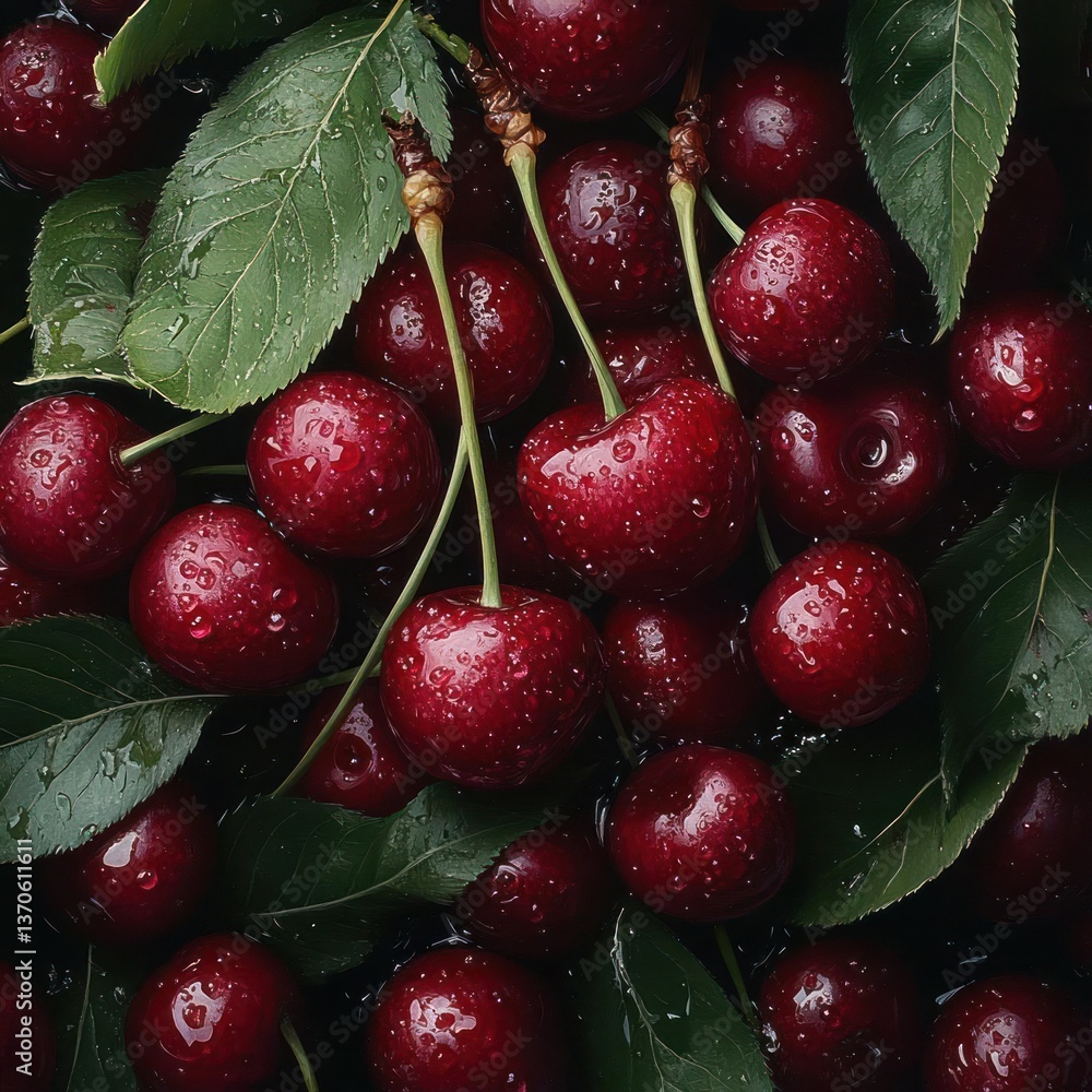 Poster close up of fresh ripe cherries with water droplets on a dark surface with green leaves. the cherrie