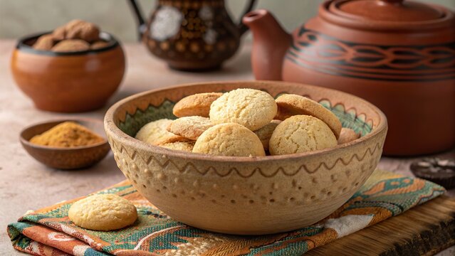 Delightful biscoitos nestled in a rustic clay bowl, surrounded by warm culinary elements