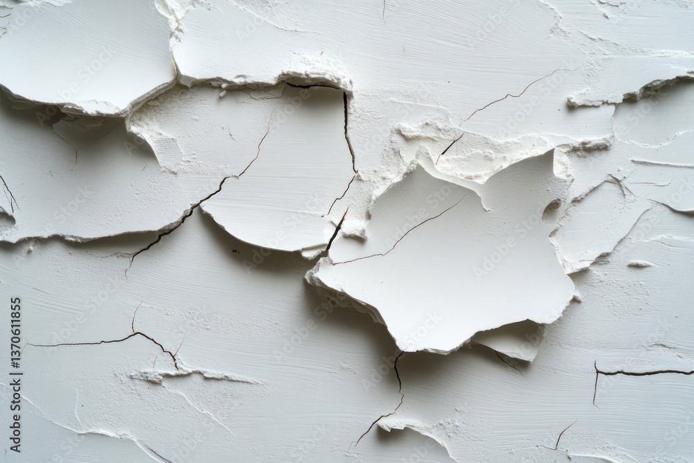Aufkleber Close up of peeling white paint with textured surface and dark crack lines suggesting age and deterioration. Details include rough edges and abstract shapes