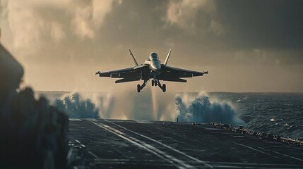 Fototapeta na wymiar A military jet aircraft taking off from a navy aircraft carrier