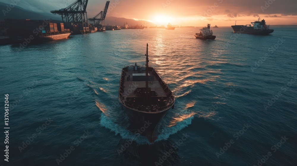 Poster A ship sailing towards the horizon in a port scene at sunset with other ships cranes and pier structures in view