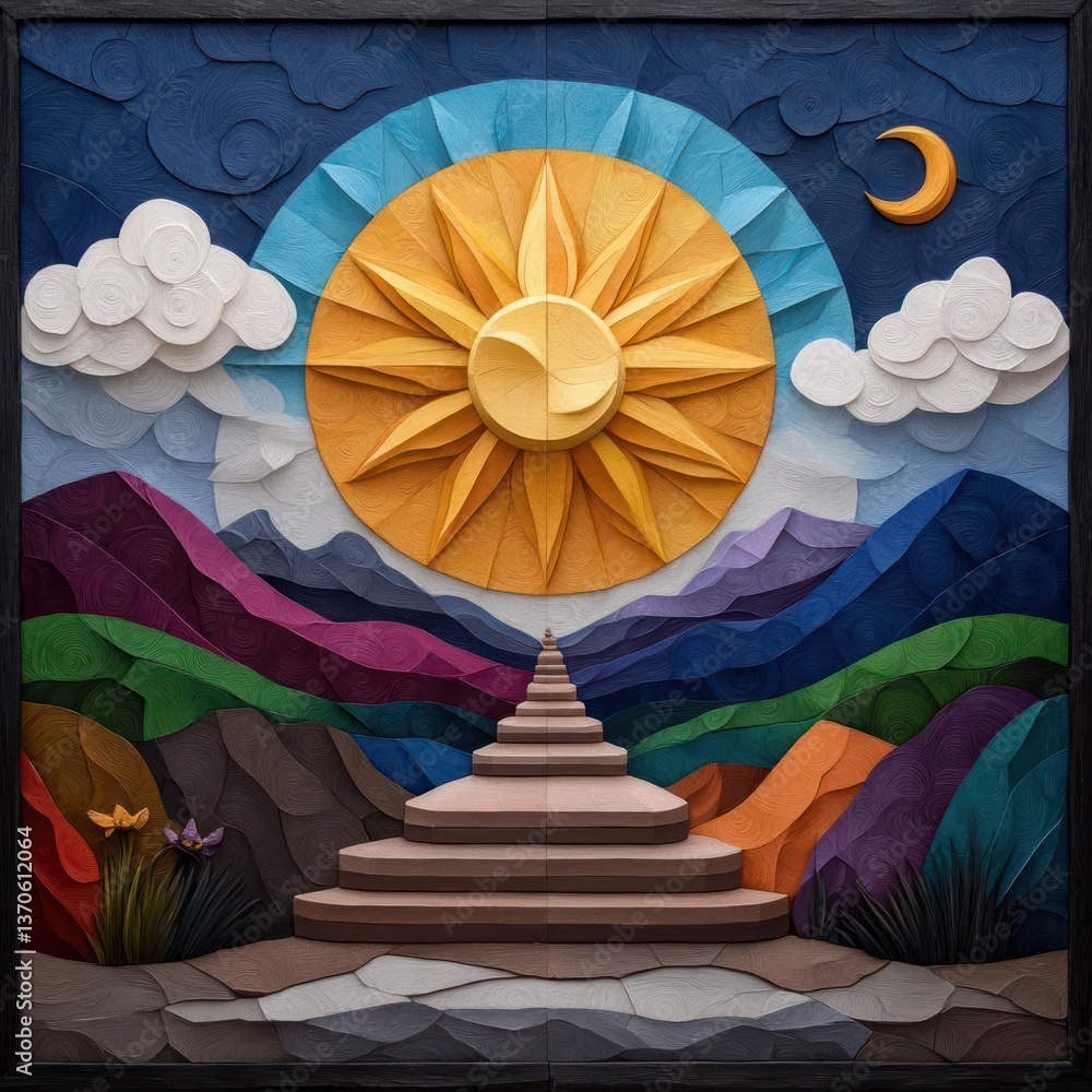 Poster abstract artwork with textured appearance featuring a stylized sun moon and colorful mountain landsc