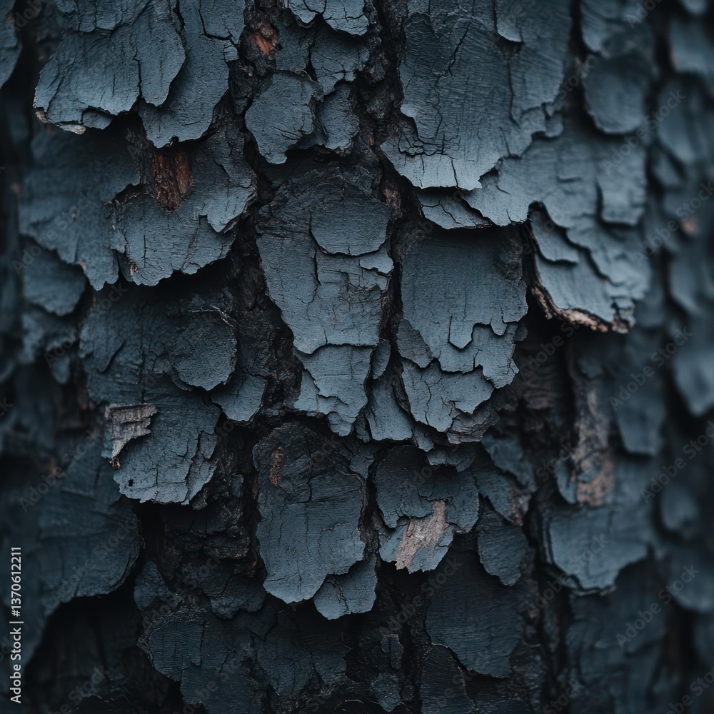 Poster close-up shot of textured tree bark with peeling layers exhibiting shades of blue and dark tones. th