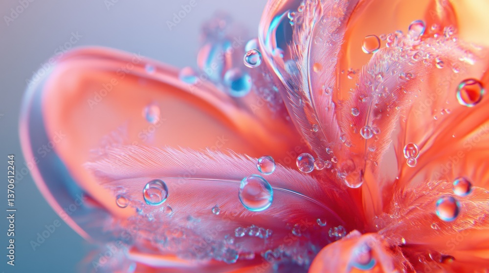 Poster close up of colorful feathers with water droplets surrounding them