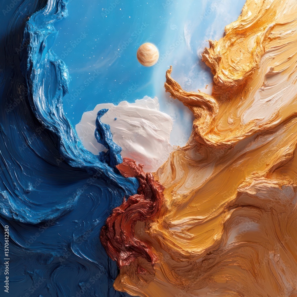 Aufkleber Abstract artwork with blue orange and brown textured elements featuring a spherical object against a light blue background resembling a celestial scene with a celestial body