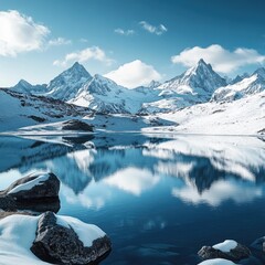 Fototapeta premium Frozen alpine lake reflecting snow-capped peaks