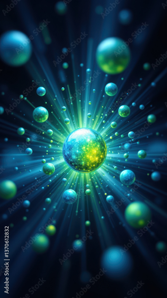 Aufkleber nad molecule with a glowing core, surrounded by smaller spheres representing its structure. it's set