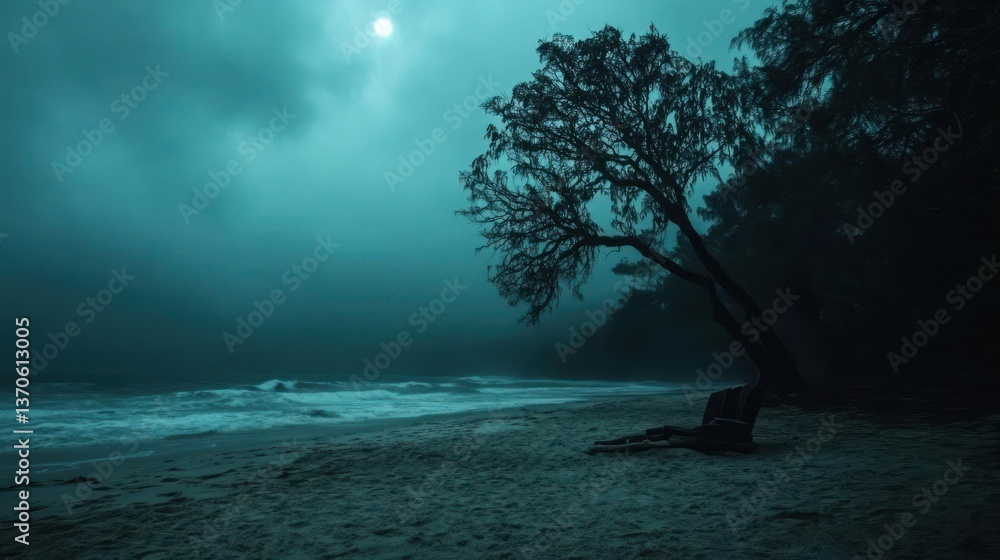Poster mysterious coastal scene under a foggy sky trees line a sandy beach with moody lighting and ethereal