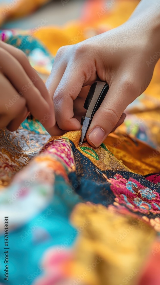 Poster hands carefully using a tool for working on colorful textile fabric