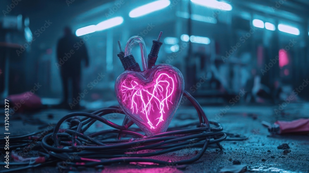 Poster glowing heart shaped object with electric pattern sits on cables beneath blue neon lights. a person 