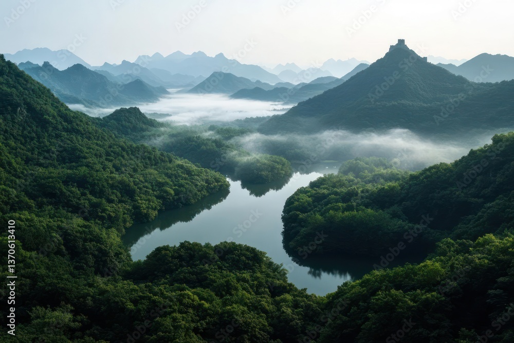Aufkleber aerial view of a lush green mountainous landscape with a winding river valley covered in morning fog