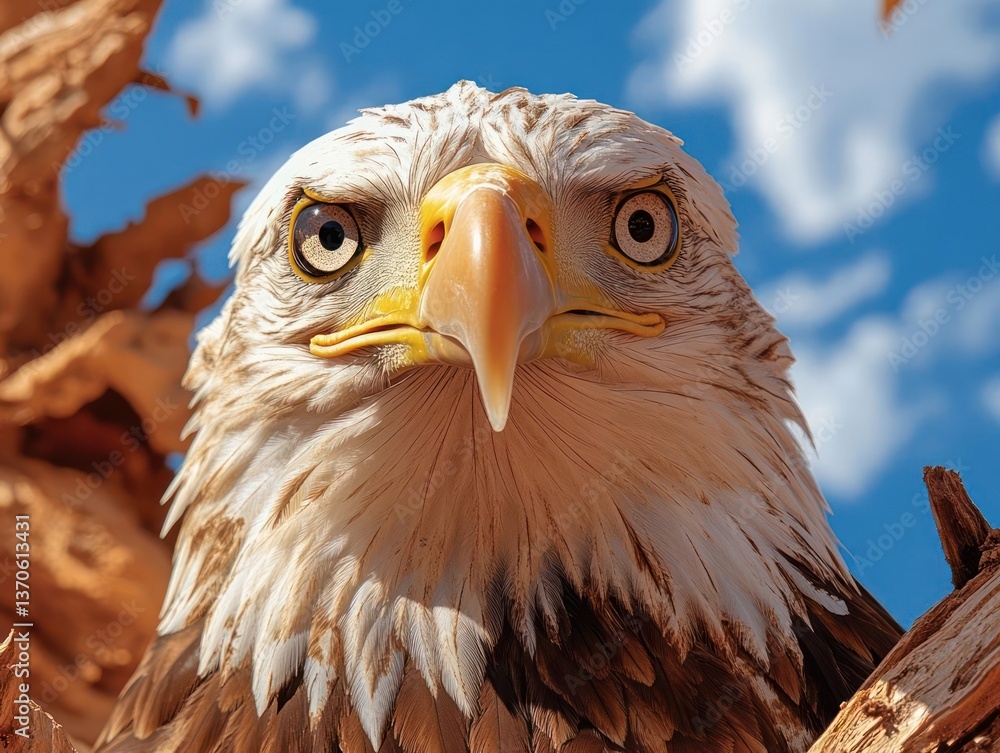 Poster close up portrait of a majestic animal with intense gaze perched on a weathered branch against a vib