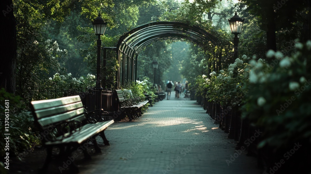 Aufkleber A tranquil park scene with a pathway leading through an archway of lights and foliage. A bench sits in the foreground with people strolling in the background under the soft sunlight