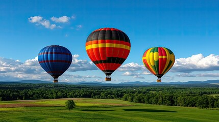 Fototapeta premium Three Hot Air Balloons Soaring Over Lush Green Landscape