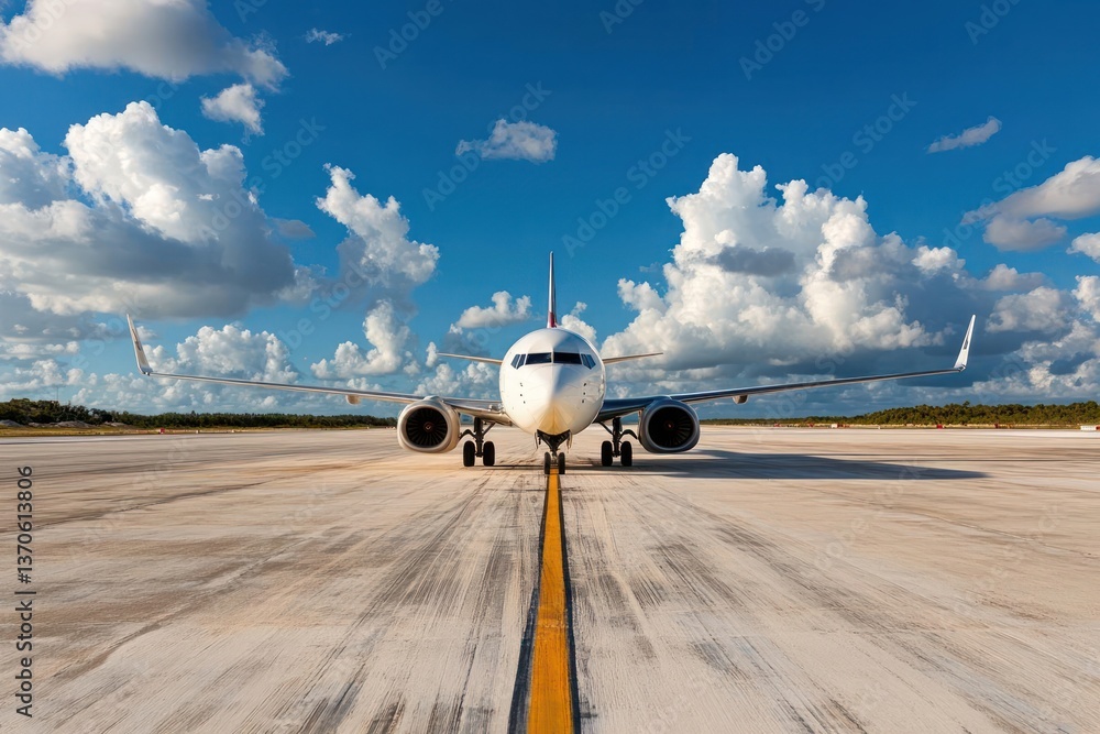 Poster airplane front view on a concrete runway under a blue sky with white clouds perfect weather