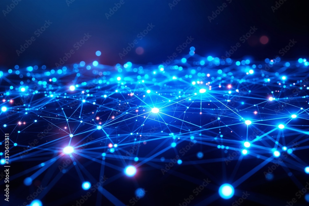 Poster glowing blue digital network with connected nodes on dark background.