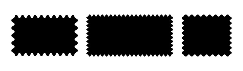 Black backdrops. Rectangular patterns with squiggly borders. Doodle wave curve edge frame mockup. Minimal tag, empty text box, label, stamp, cracker, coupon with curvy, squiggly, wiggly, wavy edges.