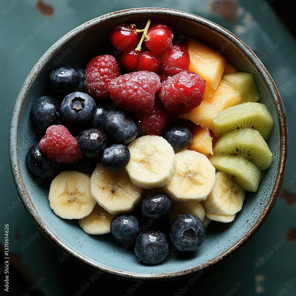 Aufkleber a vibrant bowl of fresh fruit with blueberries raspberries banana cantaloupe kiwi and cherries arran