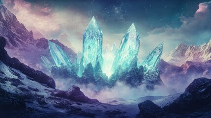 Surreal landscape with glowing crystals nestled amidst snow-capped mountains.