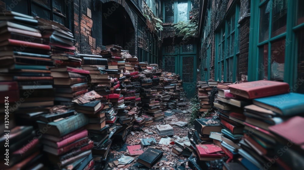 Poster a cluttered alleyway scene with towering stacks of books and scattered foliage. dark green windows a