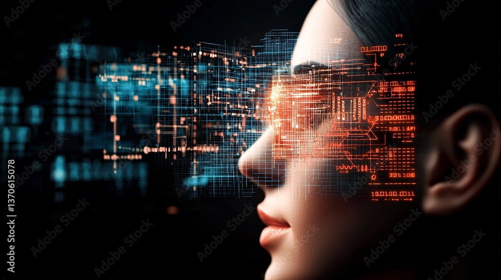 Poster intelligence cognitive optimization. futuristic profile with digital circuitry overlaying the face.