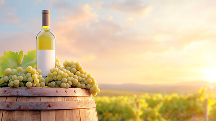 Fototapeta premium A bottle of white wine sits on an aged wooden barrel, surrounded by ripe green grapes. The sun sets behind rolling vineyard hills, casting a warm glow over the landscape