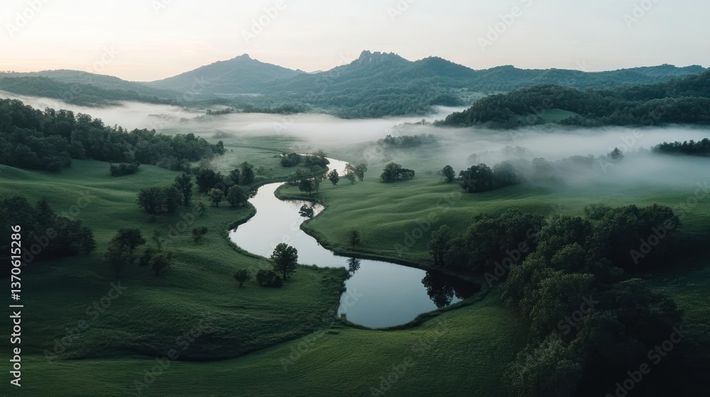 Poster aerial view of a misty landscape featuring a winding river and reflective ponds amidst green fields 