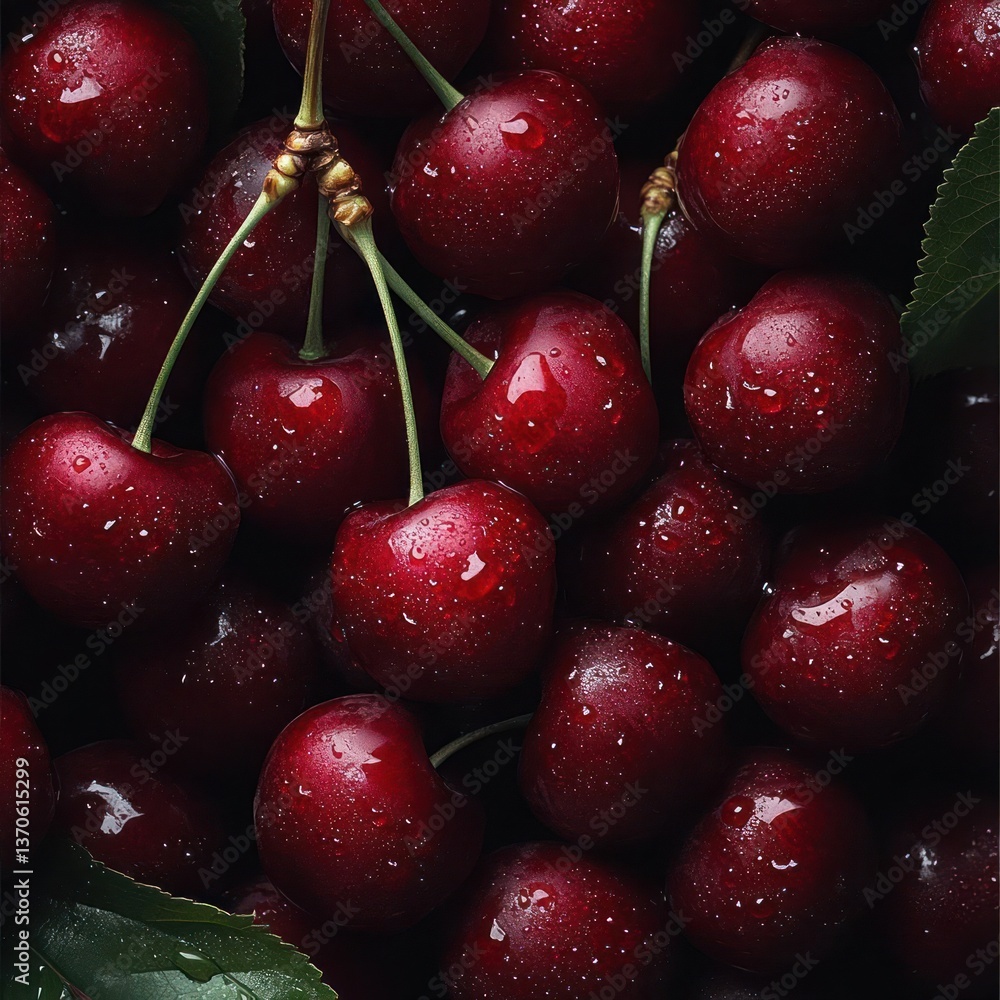Aufkleber close up shot of fresh cherries with water droplets showing a vibrant red color and green leaves in 