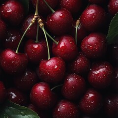 Close up shot of fresh cherries with water droplets showing a vibrant red color and green leaves in the background creating a fruit still life