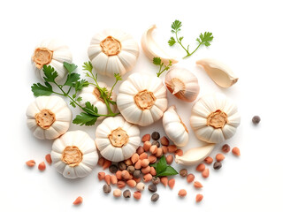 Fresh Garlic Bulbs and Cloves on White Background - Close-up of Whole and Peeled Garlic